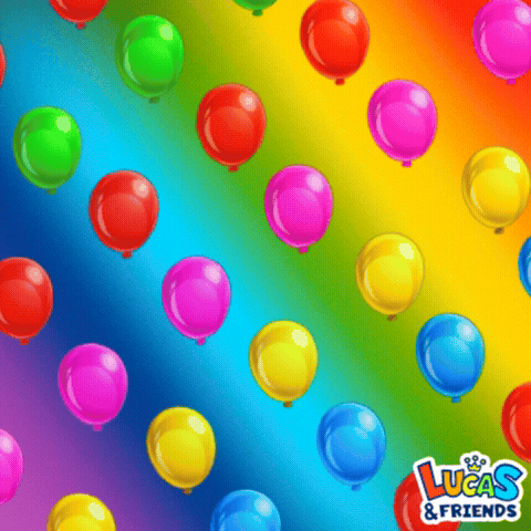 A Bunch Of Colorful Balloons With The Words Lucas & Friends On The Bottom GIF