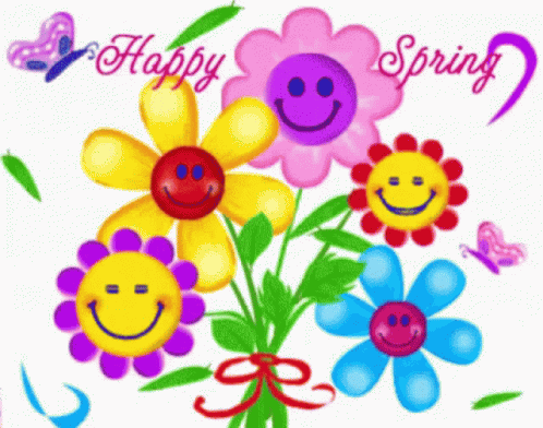 A Bunch Of Colorful Flowers With Smiley Faces And The Words Happy Spring Below Them GIF