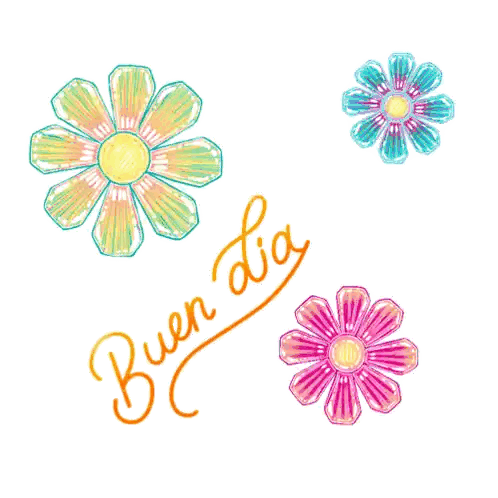 a bunch of colorful flowers with the words buen dia written below them