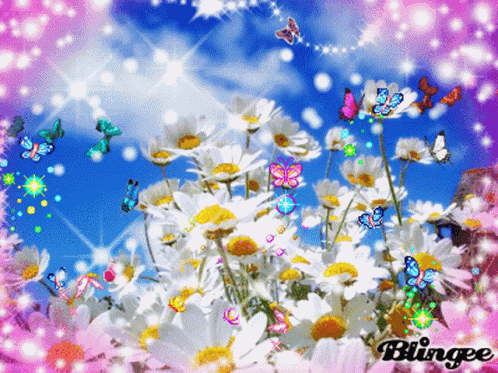 A Bunch Of Daisies Are Surrounded By Butterflies And The Words Blingee On The Bottom GIF