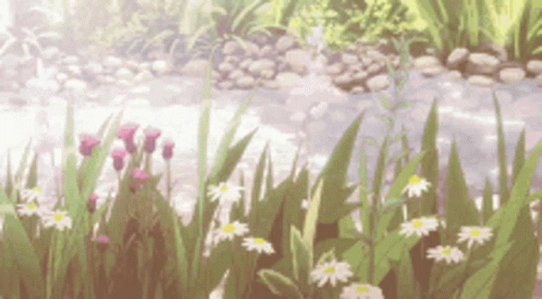 A Bunch Of Flowers Are Growing In The Grass Next To A River GIF