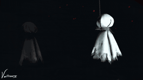 A Bunch Of Ghosts Are Hanging From The Ceiling With A Red Background GIF