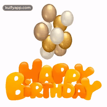 A Bunch Of Gold And White Balloons Are Hanging From A Happy Birthday Sign GIF