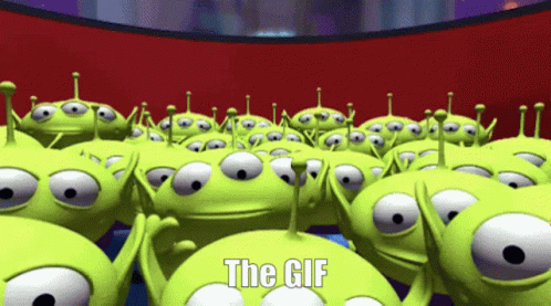 A Bunch Of Green Aliens From Toy Story With The Gif Written On The Bottom GIF