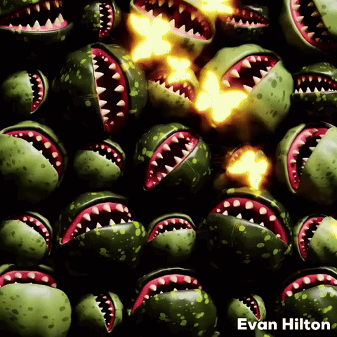 A Bunch Of Green Balls With Red Teeth And The Name Evan Hilton On The Bottom Right GIF