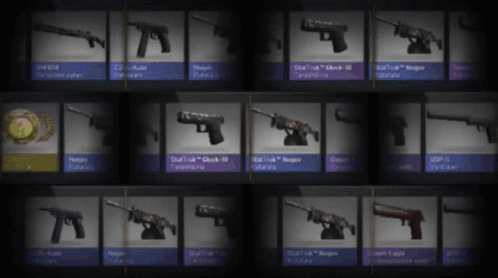 A Bunch Of Guns Are Displayed On A Shelf With The Word Star On The Bottom GIF