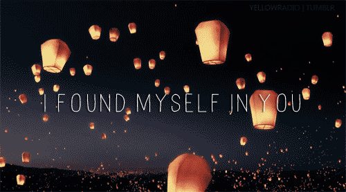 A Bunch Of Lanterns Are Floating In The Air With The Words I Found Myself In You GIF