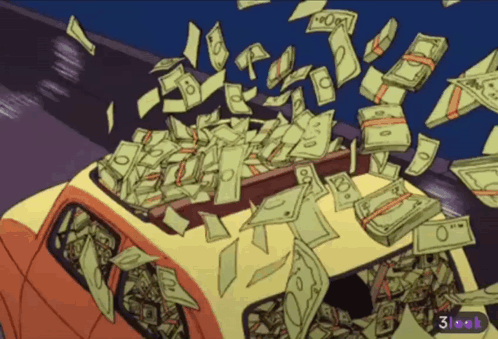 A Bunch Of Money Is Falling From The Roof Of A Car With The Number 3 On The Bottom Right GIF