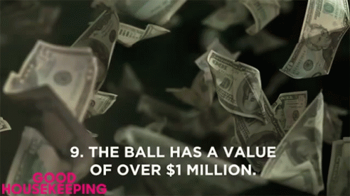 A Bunch Of Money Is Falling From The Sky With The Words " The Ball Has A Value Of Over $1 Million " GIF