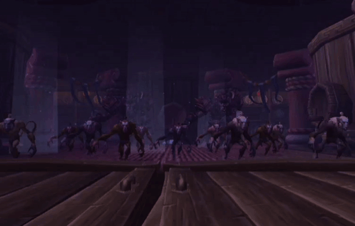 A Bunch Of Monsters Are Standing On A Wooden Floor GIF