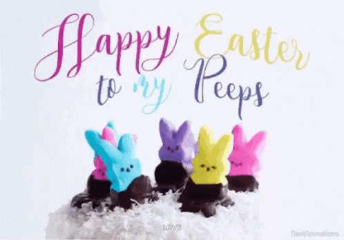A Bunch Of Peeps Sitting On Top Of A Cake With The Words `` Happy Easter To My Peeps '' Written On It . GIF