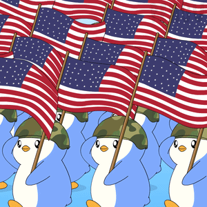 A Bunch Of Penguins Holding American Flags And Wearing Military Hats GIF