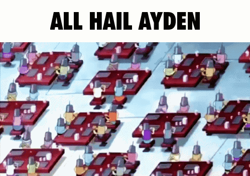 A Bunch Of People Are Sitting At Tables With The Words All Hail Ayden On The Bottom GIF