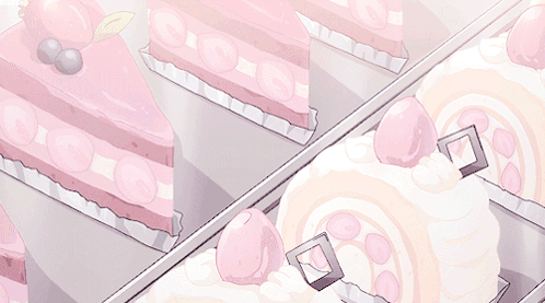 A Bunch Of Pink And White Cakes On Display GIF