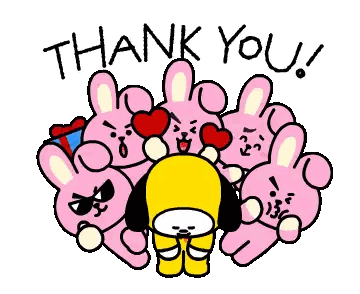 a bunch of pink rabbits are standing around a yellow dog that says thank you .