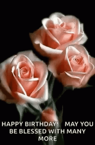 A Bunch Of Pink Roses On A Black Background With The Words `` Happy Birthday ! May You Be Blessed With Many More '' . GIF
