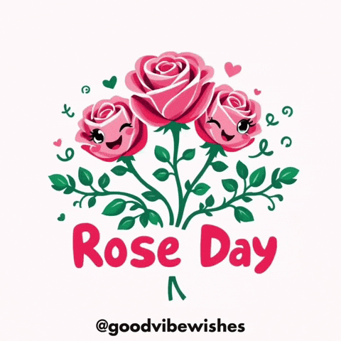 A Bunch Of Pink Roses With Faces And The Words Rose Day Below Them GIF