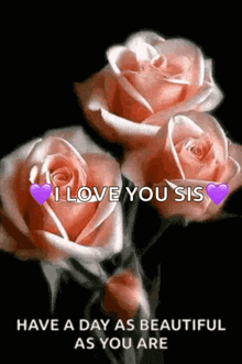 A Bunch Of Pink Roses With The Words `` I Love You Sis '' Written On Them GIF