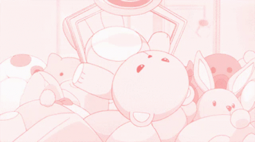 a bunch of pink stuffed animals are laying on a pink surface