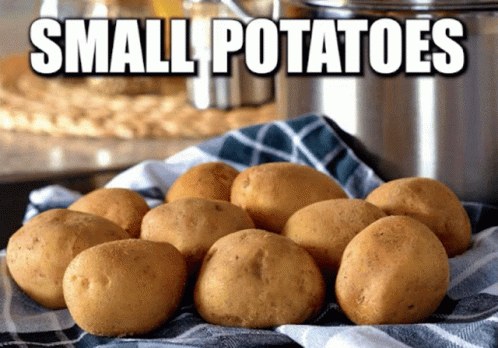 A Bunch Of Potatoes Sitting On A Towel With The Words Small Potatoes Above Them GIF