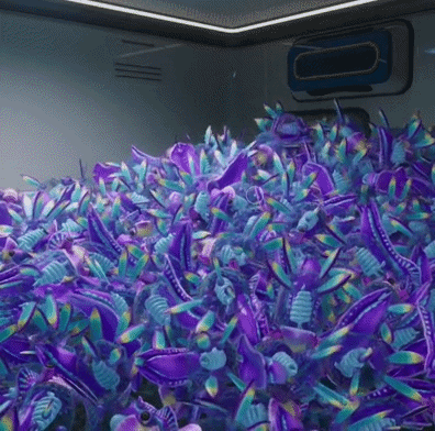A Bunch Of Purple And Blue Stuffed Animals Are Sitting On Top Of Each Other . GIF