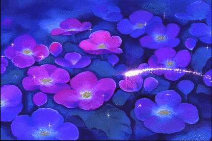 A Bunch Of Purple Flowers On A Blue Background With Sparkles GIF