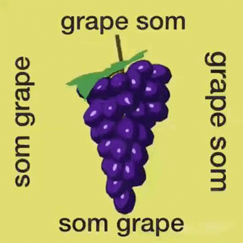 A Bunch Of Purple Grapes With A Green Leaf On A Yellow Background With The Words Grape Som Som Grape . GIF