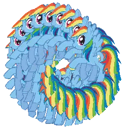a bunch of rainbow dash ponies are in a circle on a white background