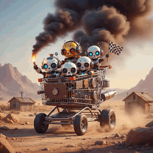 A Bunch Of Skulls Are Riding In A Shopping Cart GIF