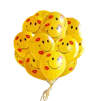a bunch of smiley face balloons with red lips on them