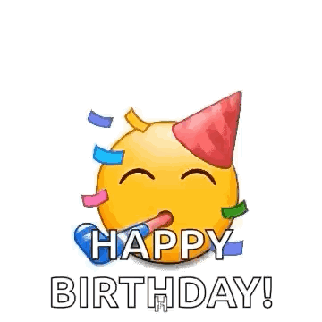 A Bunch Of Smiley Faces Wearing Party Hats And Blowing Party Horns Are Flying Around A Birthday Cake . GIF
