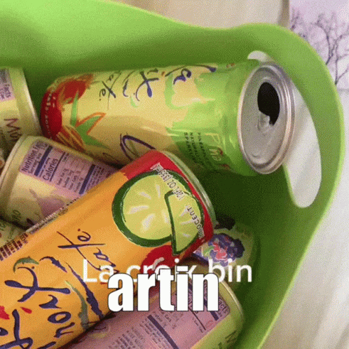 A Bunch Of Soda Cans In A Green Bin With The Word Artin Written On It GIF