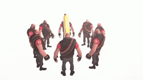 A Bunch Of Soldiers Are Standing Around A Banana GIF