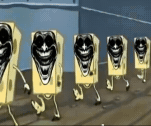 A Bunch Of Spongebob Squarepants Characters Are Walking In A Line GIF