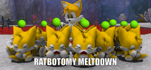A Bunch Of Stuffed Tails With The Words Ratbotomy Meltdown Above Them GIF