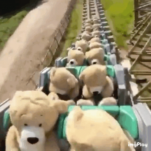 A Bunch Of Teddy Bears Are Riding A Roller Coaster GIF
