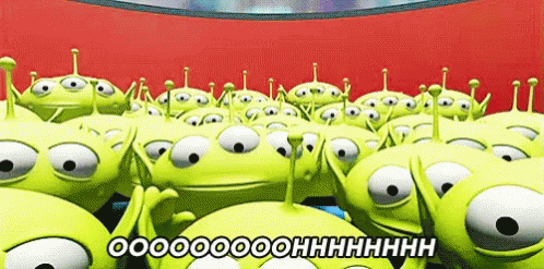 A Bunch Of Toy Story Aliens Are Standing Next To Each Other On A Red Background GIF