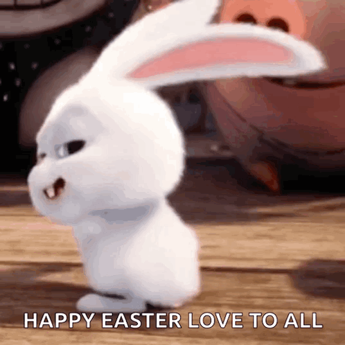 A Bunny From The Secret Life Of Pets Is Standing On A Wooden Floor And Says Happy Easter Love To All . GIF