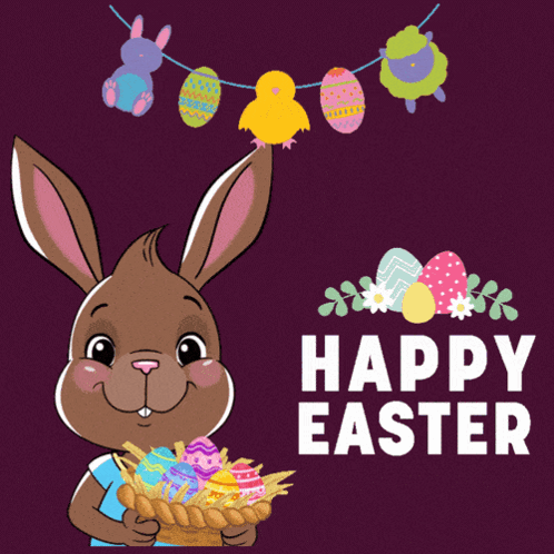 A Bunny Holding A Basket Of Easter Eggs With The Words Happy Easter Written Below It GIF