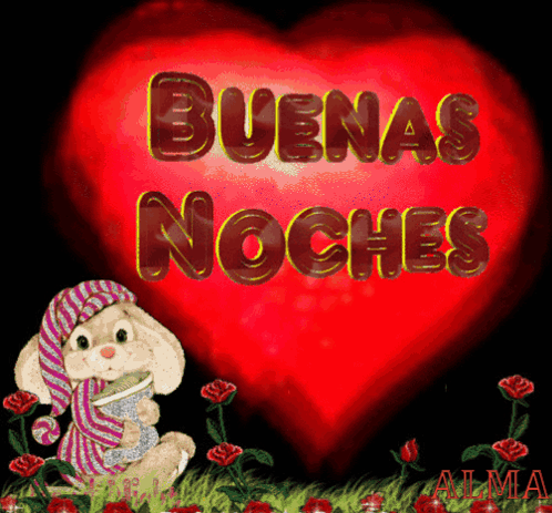 A Bunny Holding A Cup With The Words Buenas Noches Written On It GIF
