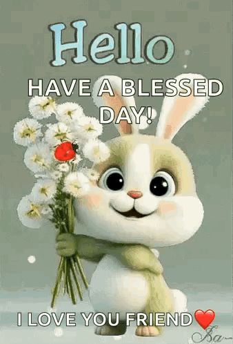 A Bunny Is Holding A Bouquet Of Flowers And A Ladybug . GIF