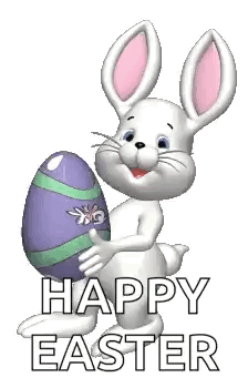 A Bunny Is Holding A Purple And Green Easter Egg . GIF
