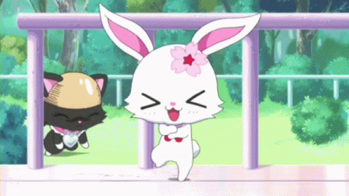 A Bunny With A Flower On Its Head Is Dancing With A Cat Behind It GIF