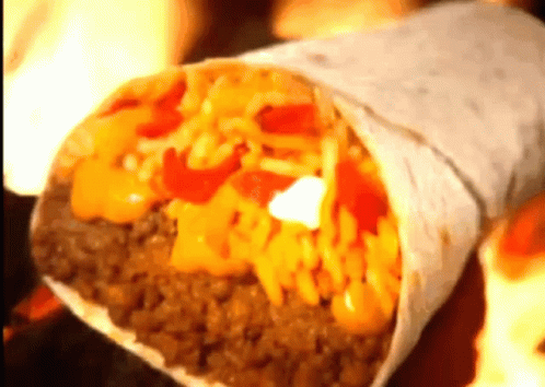 A Burrito With A Lot Of Toppings Including Cheese And Meat GIF