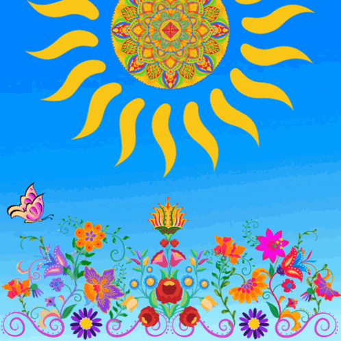A Butterfly Is Flying In Front Of A Sun With The Words Good Morning Written On It GIF