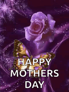 A Butterfly Is Sitting On A Purple Rose With The Words `` Happy Mothers Day '' Written Below It . GIF