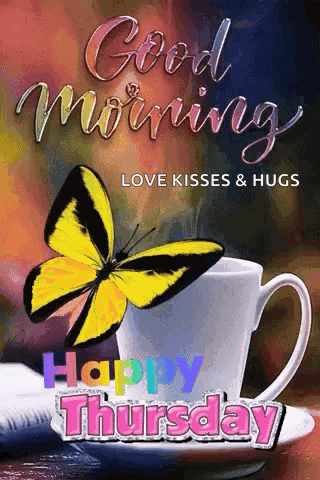 A Butterfly Is Sitting On Top Of A Cup Of Coffee With The Words Good Morning Love Kisses & Hugs Happy Thursday . GIF