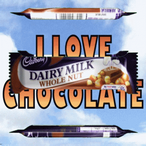 A Cadbury Dairy Milk Whole Nut Chocolate Bar With The Words I Love Chocolate Above It GIF