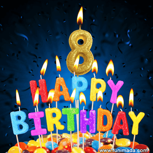 A Cake With Candles That Say Happy Birthday And The Number 8 GIF
