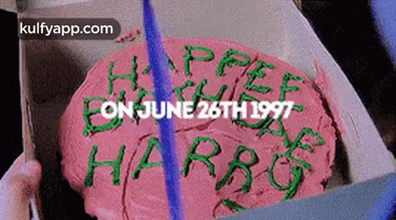 Cake With Green Frosting Saying Happy Birthday Harry June 26 1997 GIF